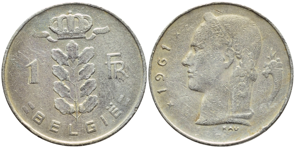 БЕЛЬГИЯ 1 ФРАНК 1961 BELGIE KM 143.1 медно-никель 4388-615