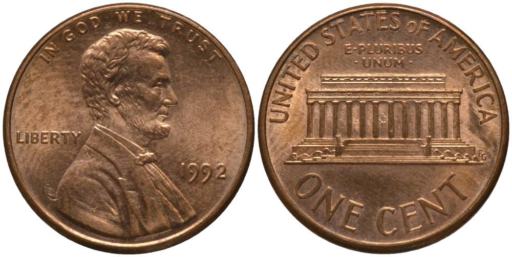 США 1 ЦЕНТ 1992 ЛИНКОЛЬН KM 201b цинк плакированный медью 3955-762