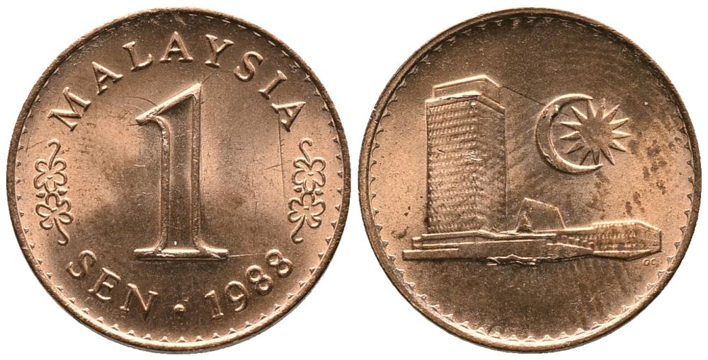 Малайзия 1 сена 1988 здание парламента KM 1а сталь плакированная медью 4549-654