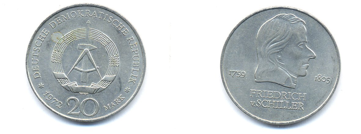 ГДР 20 марок 1972 А, Фридрих Шиллер (1759-1805) KM 40 медно-никель 3333-816
