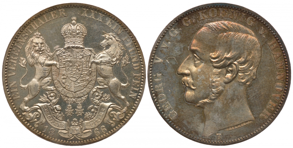 Брауншвейг-Каленберг-Ганновер 1 талер 1866 В, Георг V (1851-1866) КМ 230, AKS 144, Dav. 682, Kahnt 239, Thun 174 серебро 00-809-35