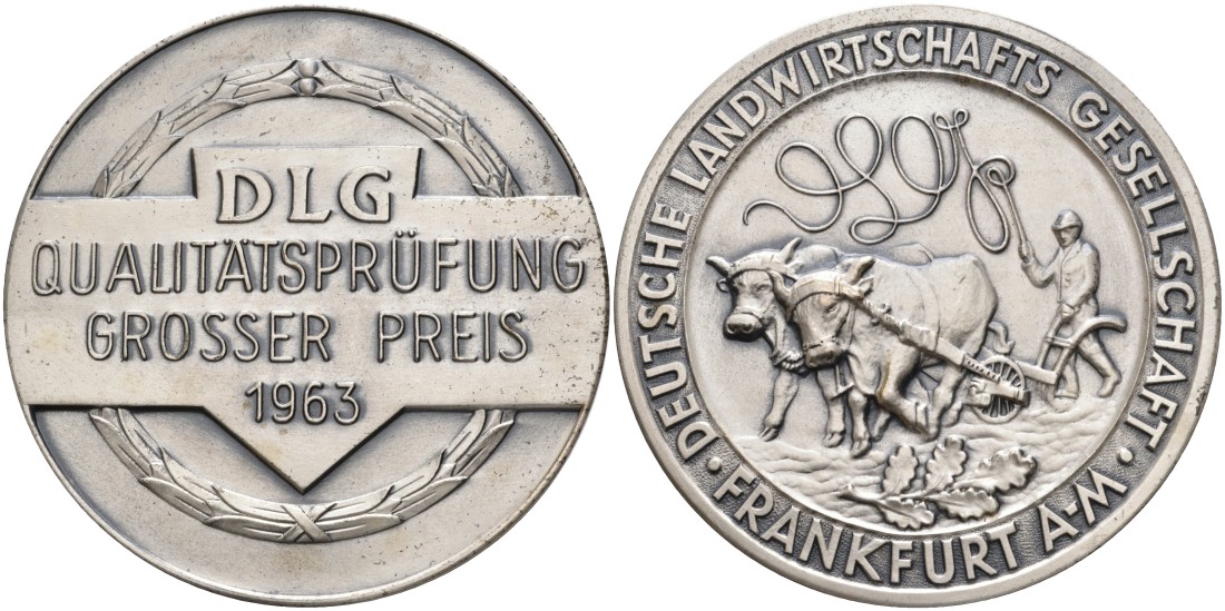 Германия, Франкфурт на Майне медаль 1963 СЕЛЬСКОХОЗЯЙСТВЕННОГО ОБЩЕСТВА Франкфурта, ПЕРВЫЙ ПРИЗ КОНТРОЛЯ КАЧЕСТВА, диаметр 61 мм., DLG белый металл 1069-2-21