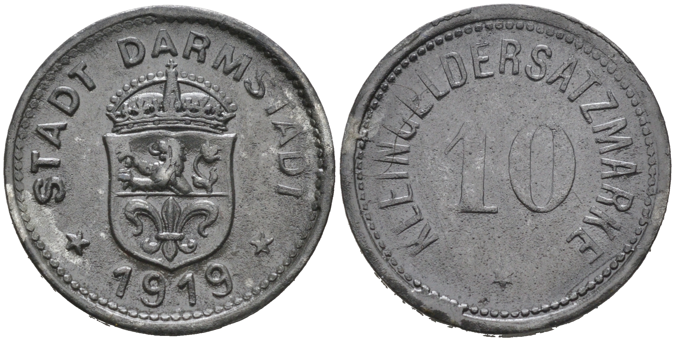 ГЕРМАНИЯ ГЕССЕН ДАРМШТАДТ 10 ПФЕННИГОВ 1919 КЛЯЙНГЕЛЬД цинк 75-1611