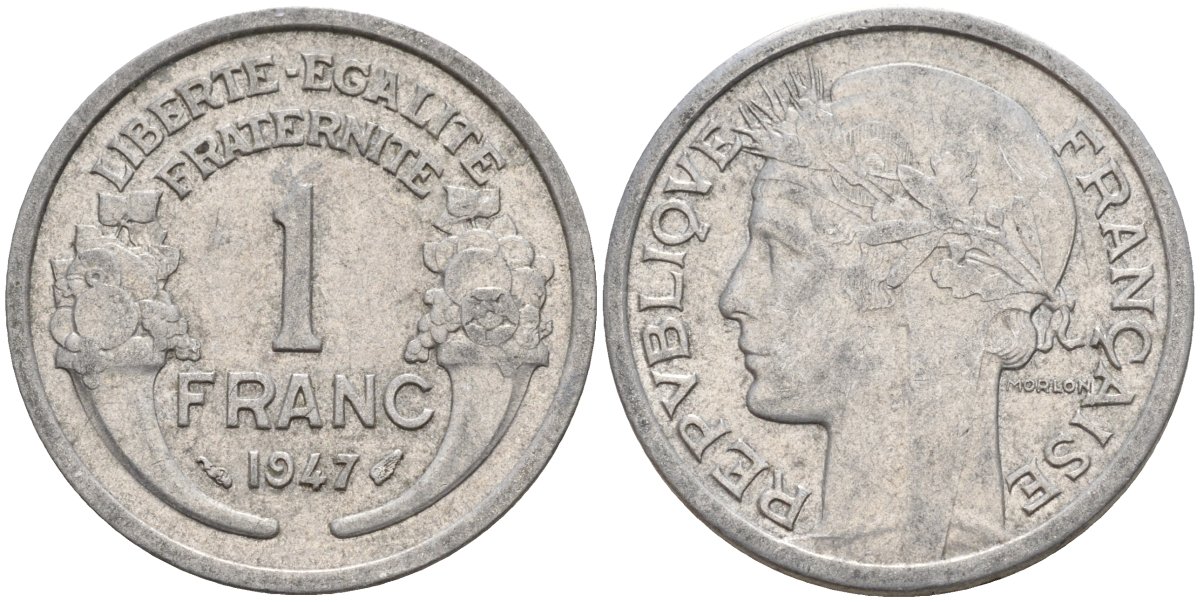 Франция 1 франк 1947 KM 885a.1 алюминий 4142-954