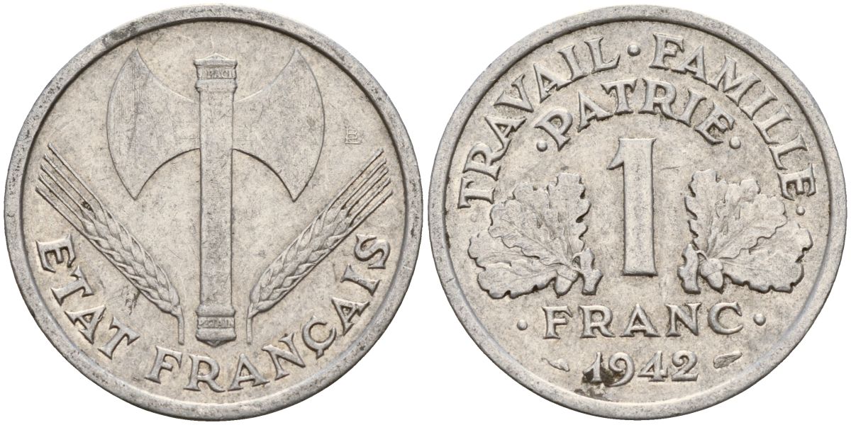 Франция 1 франк 1942 правительство Виши KM 902.1, Le Franc алюминий 4126-644