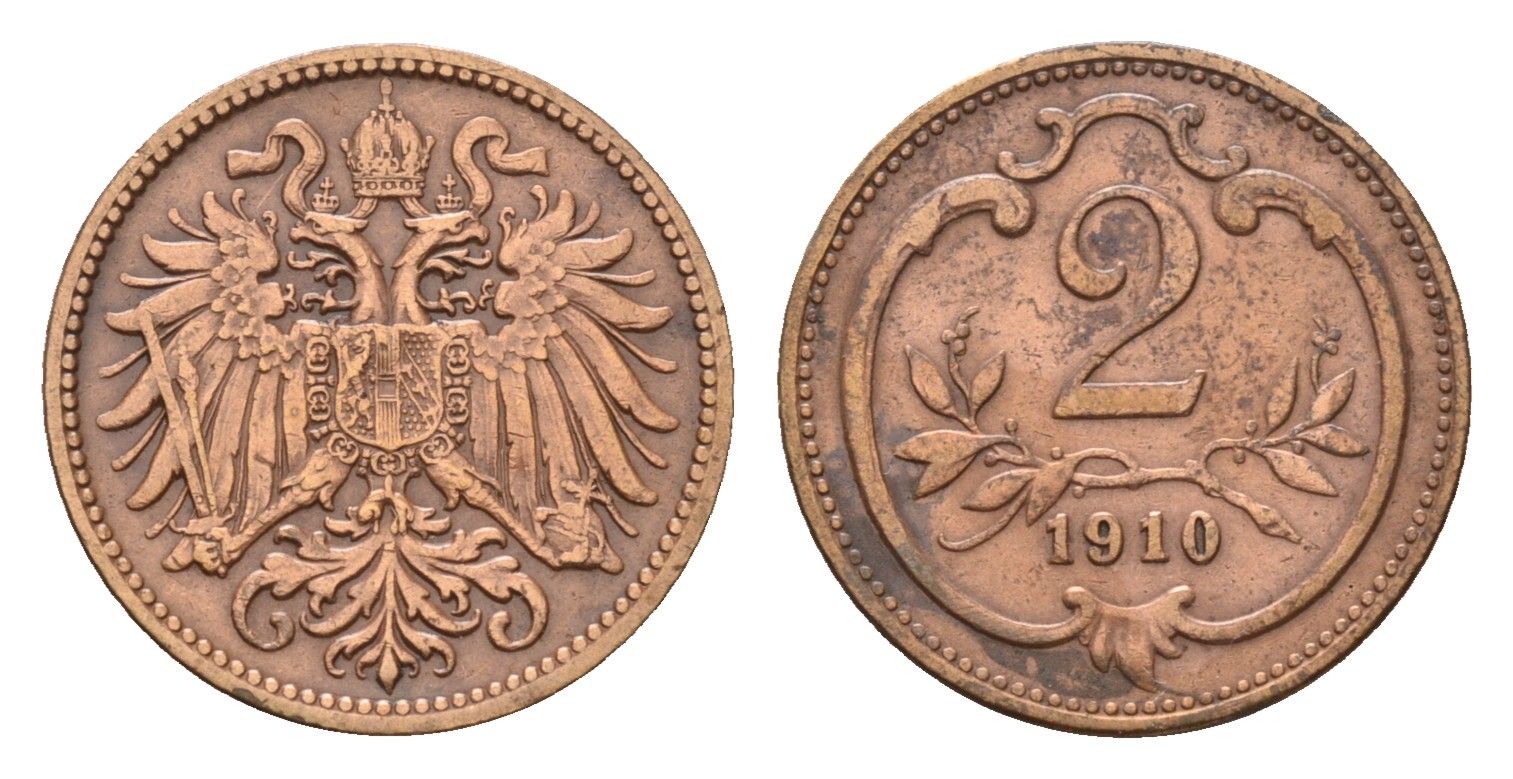 Австрия 2 геллера 1910 Франц Иосиф I (1848-1916) KM 2801 бронза 66-467