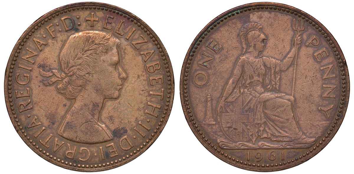 Великобритания 1 пенни 1961 Елизавета II (1952-2022) KM 897, Spink 4157 бронза 4131-445