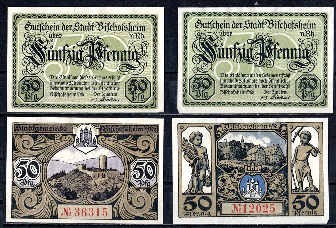 Бишофсхайм-фор-дер-Рён (Федеральная земля Бавария) полный набор из 2 нотгельдов (50 пфеннигов) 1921 Mehl Grabowski 107.2 бумага UNC (пресс) 7556-52-1-2