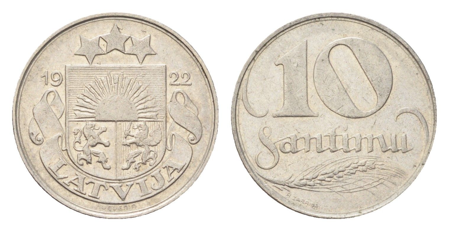 Латвия 10 сантимов 1922 год-тип KM 4 никель 4705-452