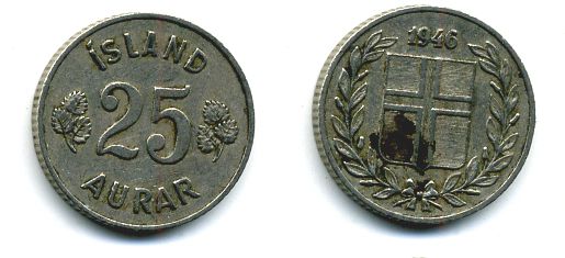Исландия 25 эйре 1946 KM 11 медно-никель 46-2423