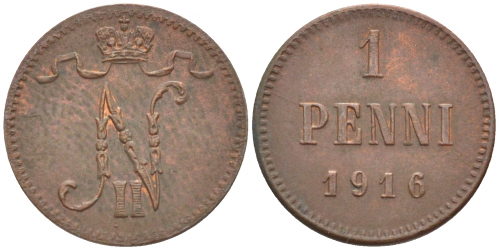 РОССИЯ ДЛЯ ФИНЛЯНДИИ 1 ПЕННИ 1916 НИКОЛАЙ II (1895-1917) KM 13, Биткин 476 медь 211-1058