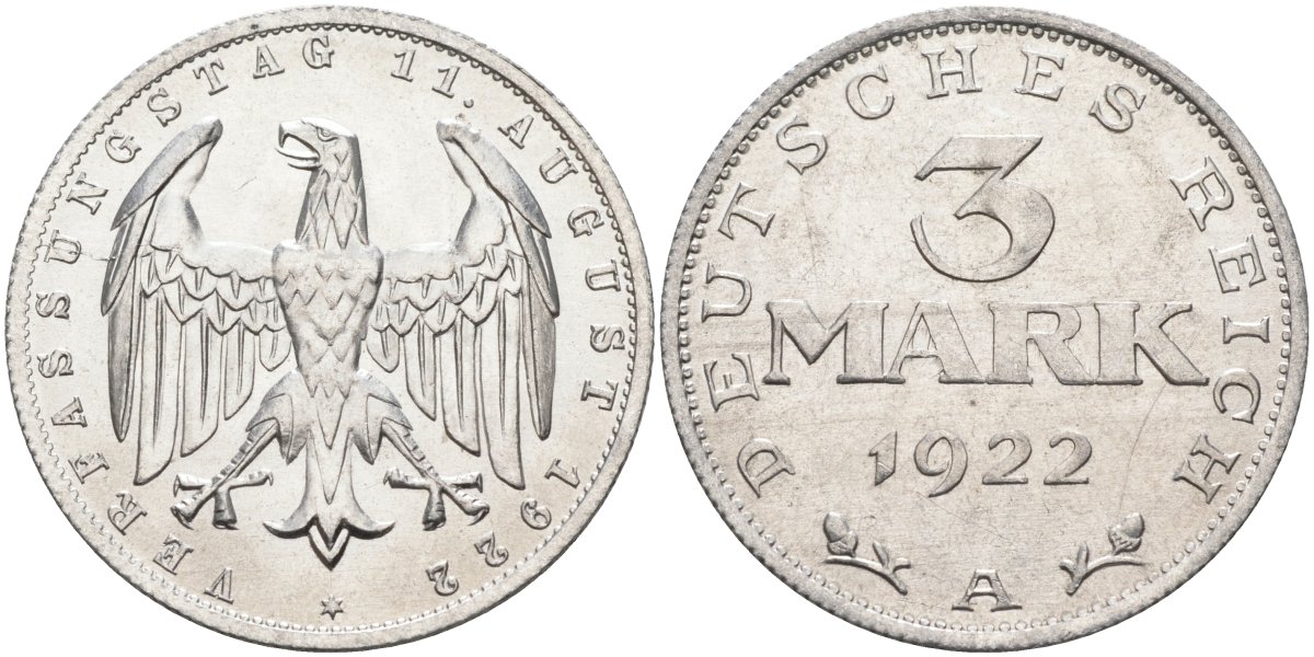 Германия 3 марки 1922 A, третья годовщина Веймарской Конституции KM 29, J.303 алюминий UNC 4587-316