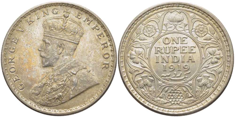 БРИТАНСКАЯ ИНДИЯ 1 РУПИЯ 1919 ГЕОРГ V KM 524 серебро UNC 1080-1-45