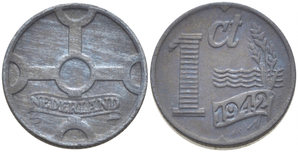 НИДЕРЛАНДЫ 1 ЦЕНТ 1942 ВИЛЬГЕЛЬМИНА (1890-1948) KM 170 цинк UNC 214-742