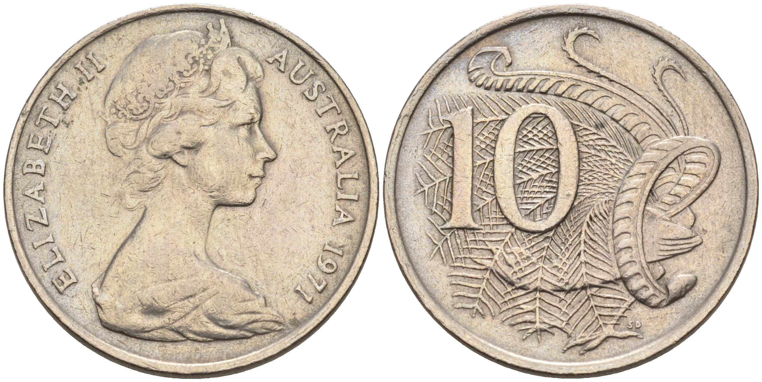 Австралия 10 центов 1971 Елизавета II (1952-), птица лирахвост KM 65 медно-никель 4566-455