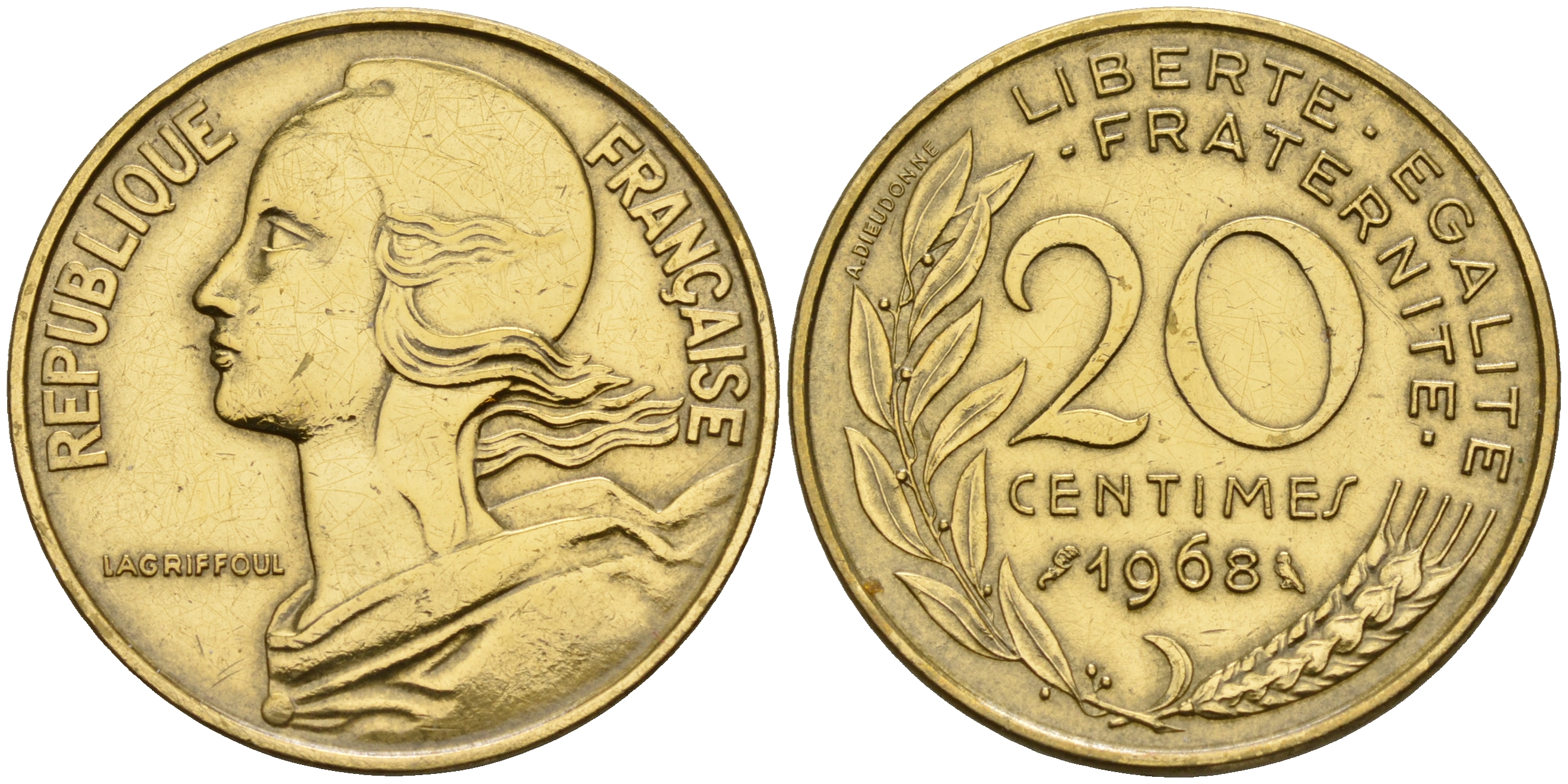 Франция 20 сантимов 1968 тип Марианна KM 930 медь алюминий никель    4153-411