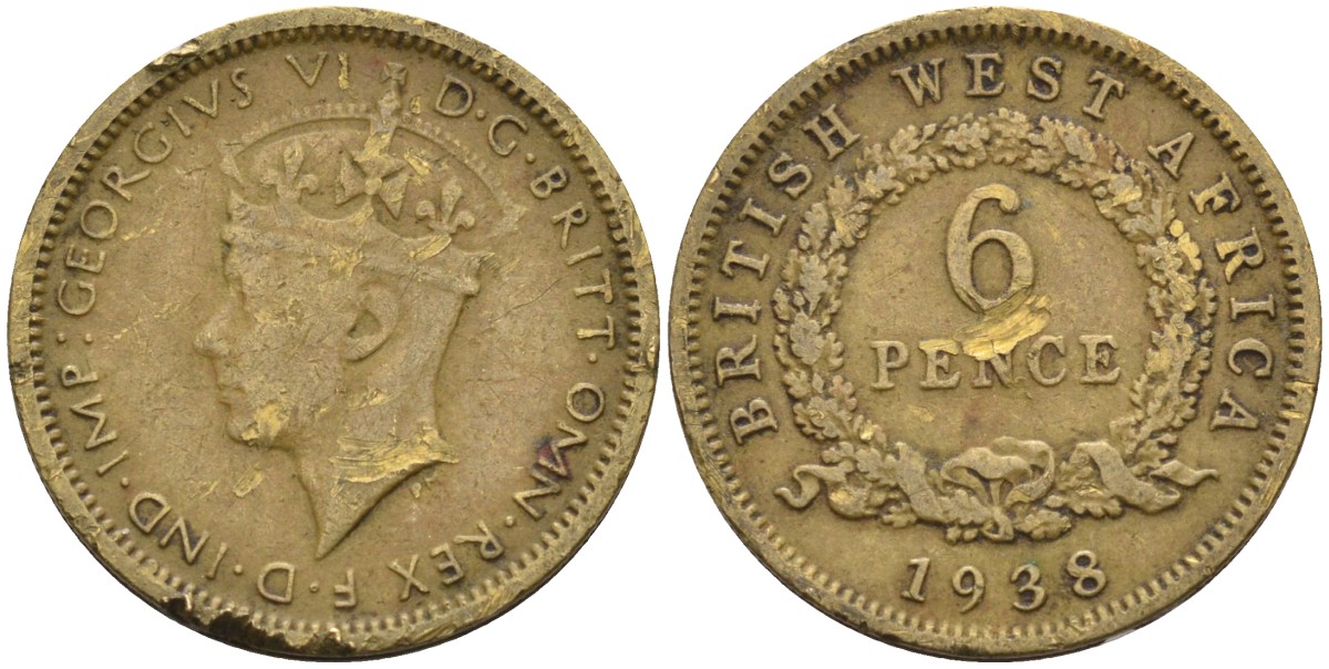 Британская Западная Африка 6 пенсов 1938 Георг VI (1936-1952) KM 22 никель-латунь 4588-654