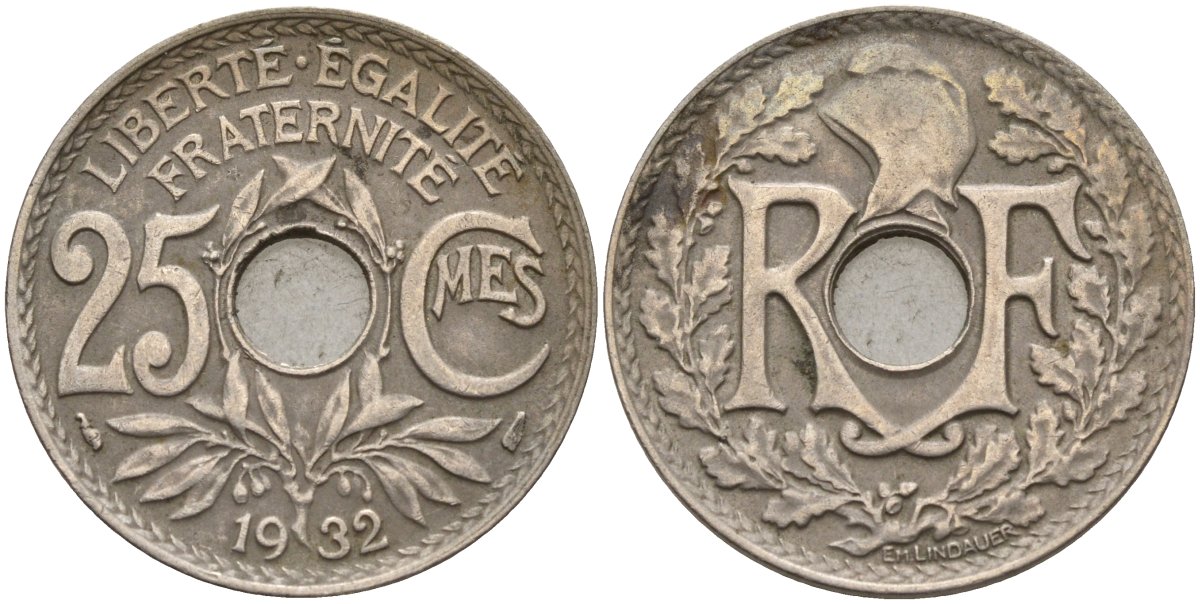 Франция 25 сантимов 1932 KM 867a, Le Franc 171.7 медно-никель 4143-446