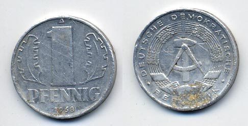 ГДР 1 ПФЕННИГ 1968 A KM 8.1 алюминий 35-417