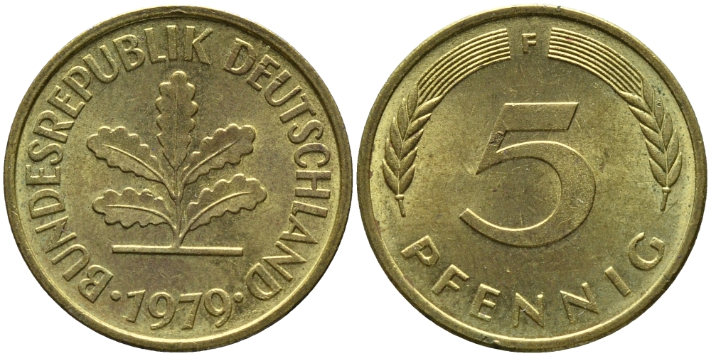 ФРГ 5 пфеннигов 1979 F KM 107, J.382 сталь плакированная латунью 99-119