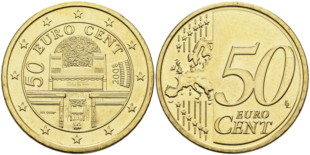 Австрия 50 евроцентов 2008 Венский сецессион KM 3141 нордик  UNC M44-21