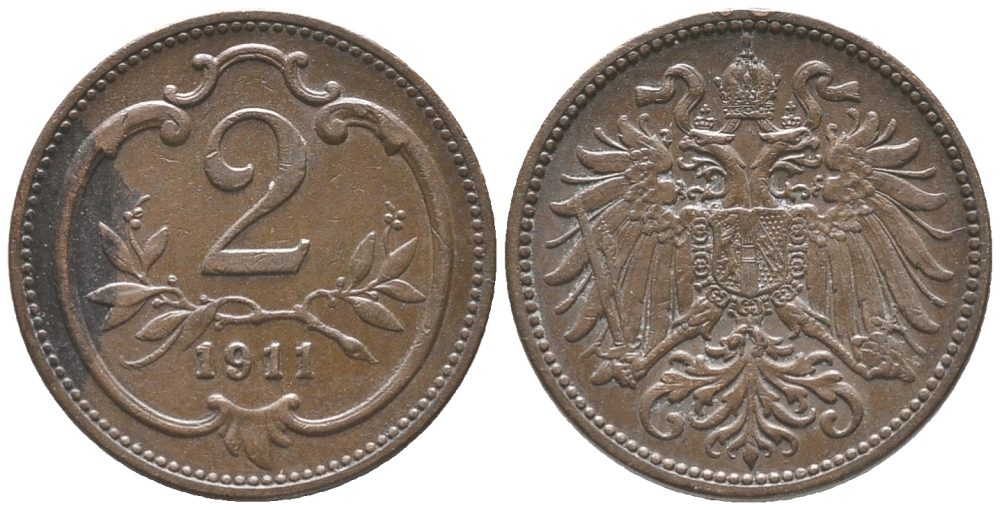 АВСТРИЯ 2 ГЕЛЛЕРА 1911 ФРАНЦ ИОСИФ (1846-1918) KM 2801 бронза 100-945
