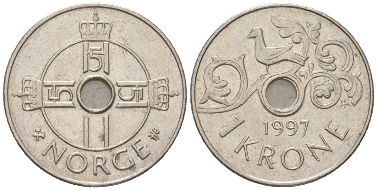 Норвегия 1 крона 1997 Харальд V (1991-) KM 462 медно-никель 4532-642