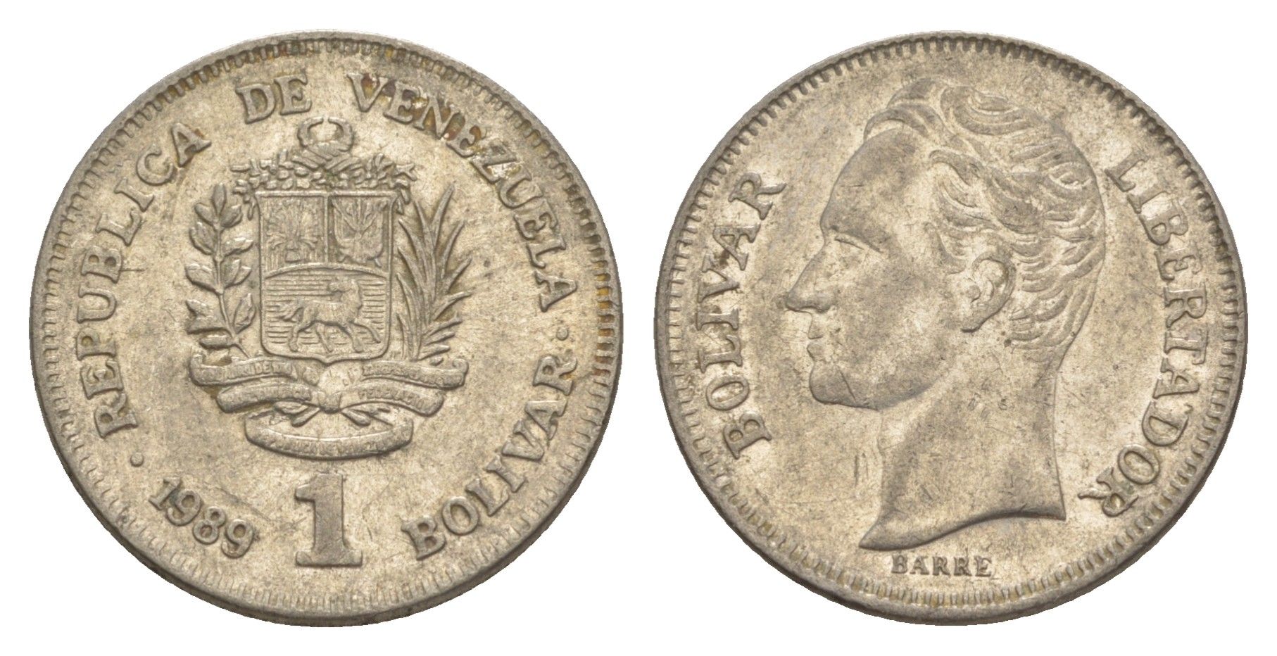 Венесуэла 1 боливар 1989 Симон Боливар, тонкий шрифт Y 52a.1 сталь плакированная никелем 4591-342