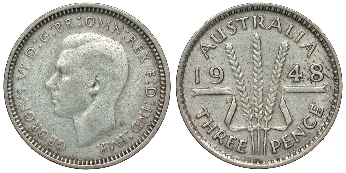 Австралия 3 пенса 1948 m, Георг VI (1937-1952), без букв KM 37a серебро 71-227