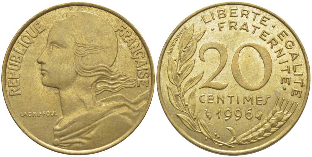 ФРАНЦИЯ 20 САНТИМОВ 1996 ТИП MARIANNE KM 930, LE FRANC 156.40 медь алюминий никель 175-914