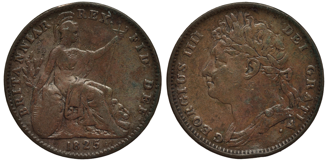 Великобритания 1 фартинг 1825 Георг IV (1820-1830) KM 677, Spink 3822 медь 106-836