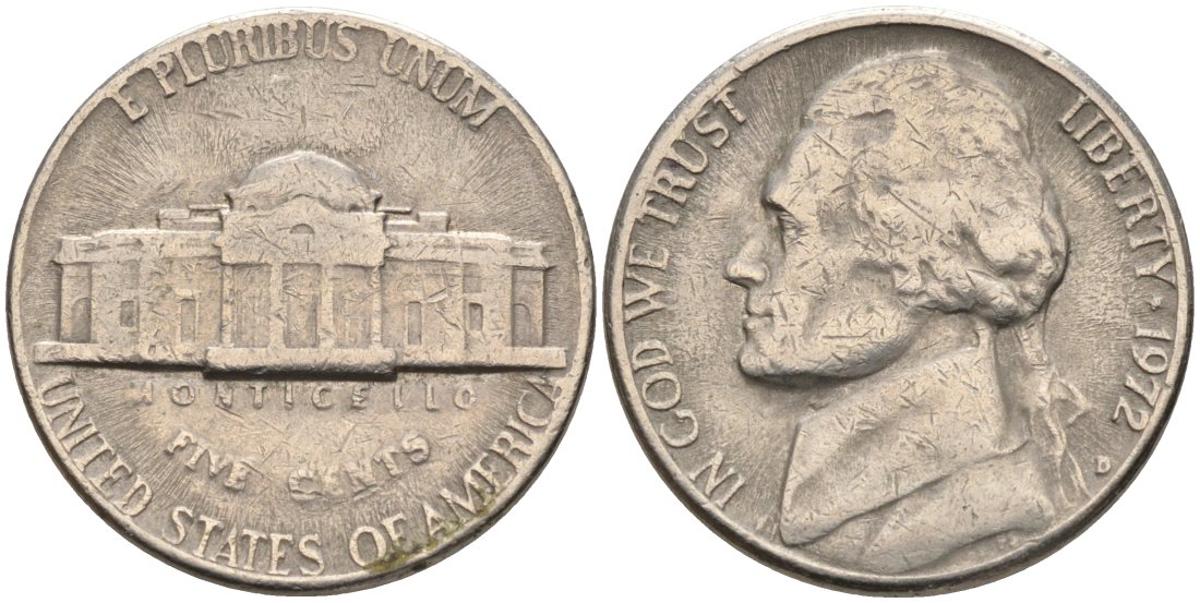 США 5 центов 1972 D, Джеферсон КМ А192 медно-никель 4573-144