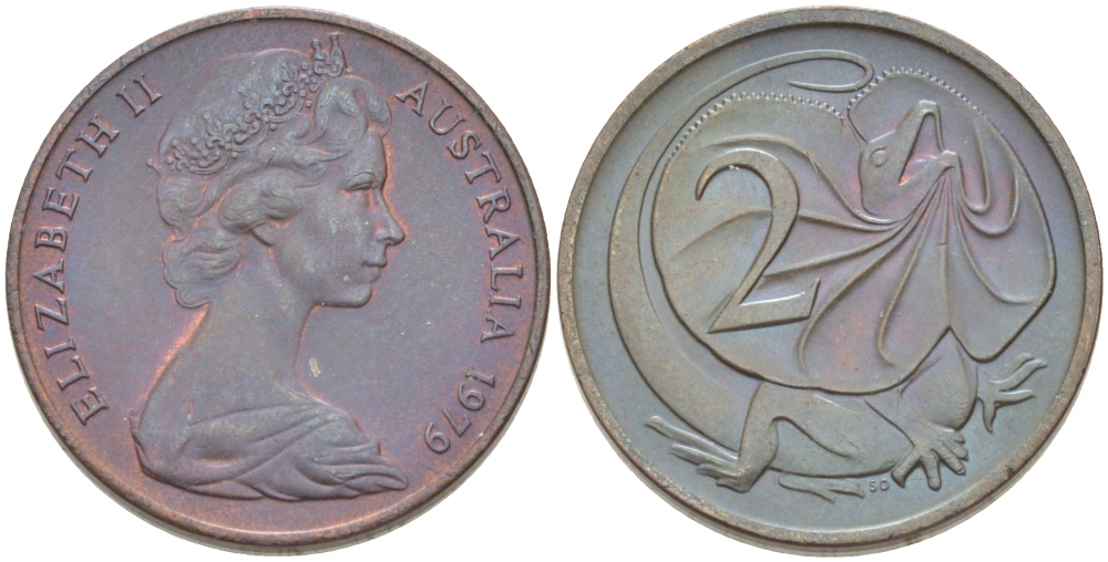 Австралия 2 цента 1979 Елизавета II (1952-2022), плащеносная ящерица (FRILLED LIZARD)  KM 63 бронза UNC 3457-634