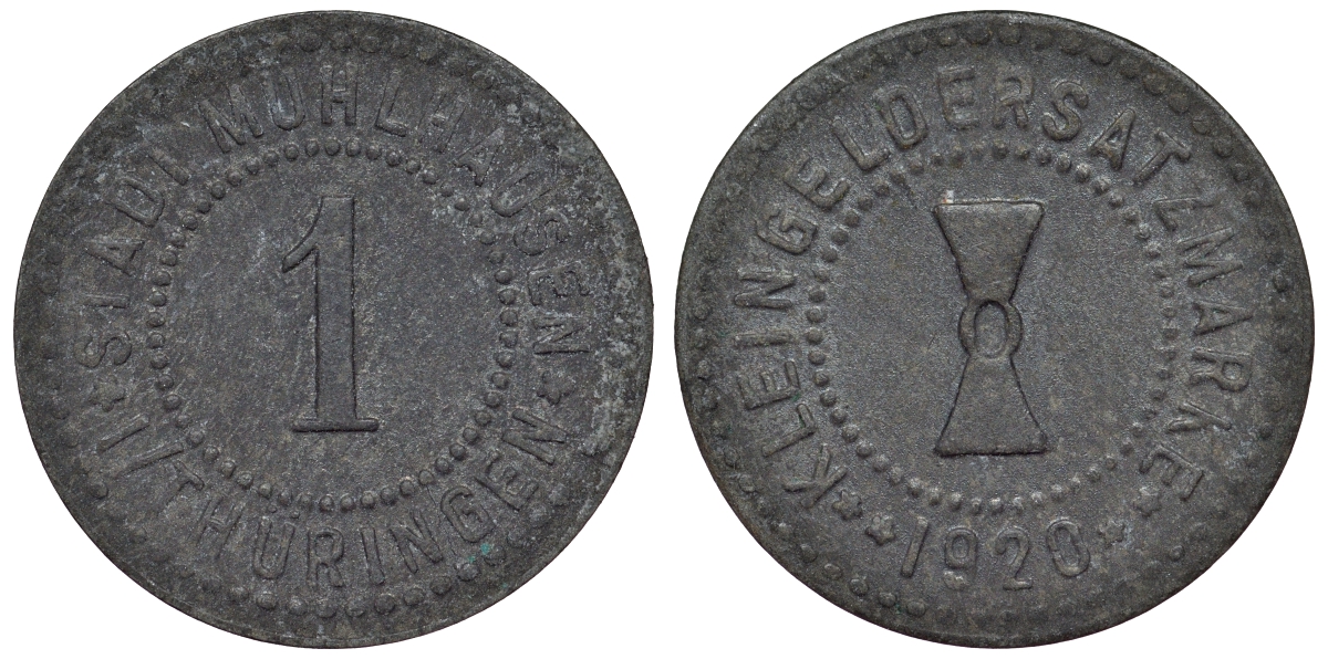 Мюльхаузен в Тюрингии 1 пфенниг 1920  Funck 342.13, Men18 21432.17 цинк     4118-1014