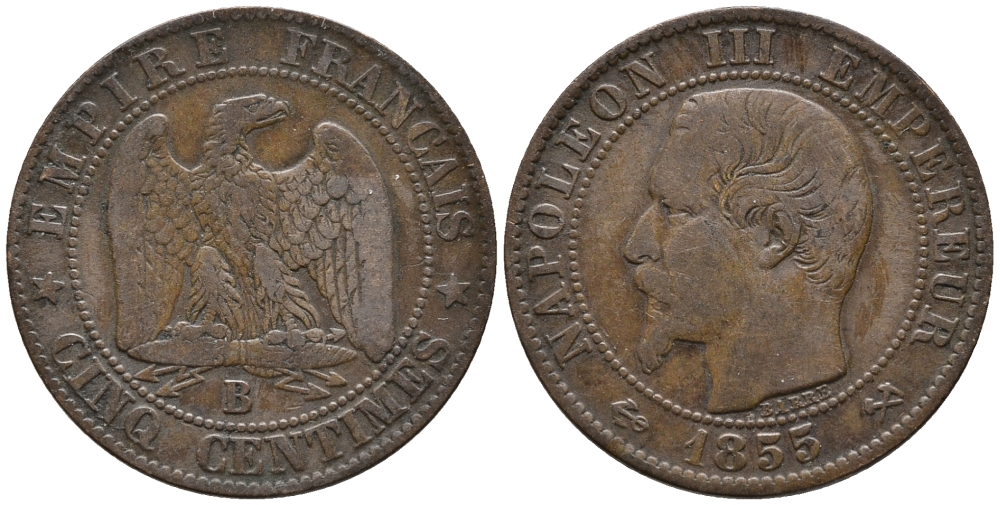 ФРАНЦИЯ 5 САНТИМОВ 1855 В, НАПОЛЕОН III (1852-1870) KM 777.2, LA FRANC 116.19 бронза 34-1214