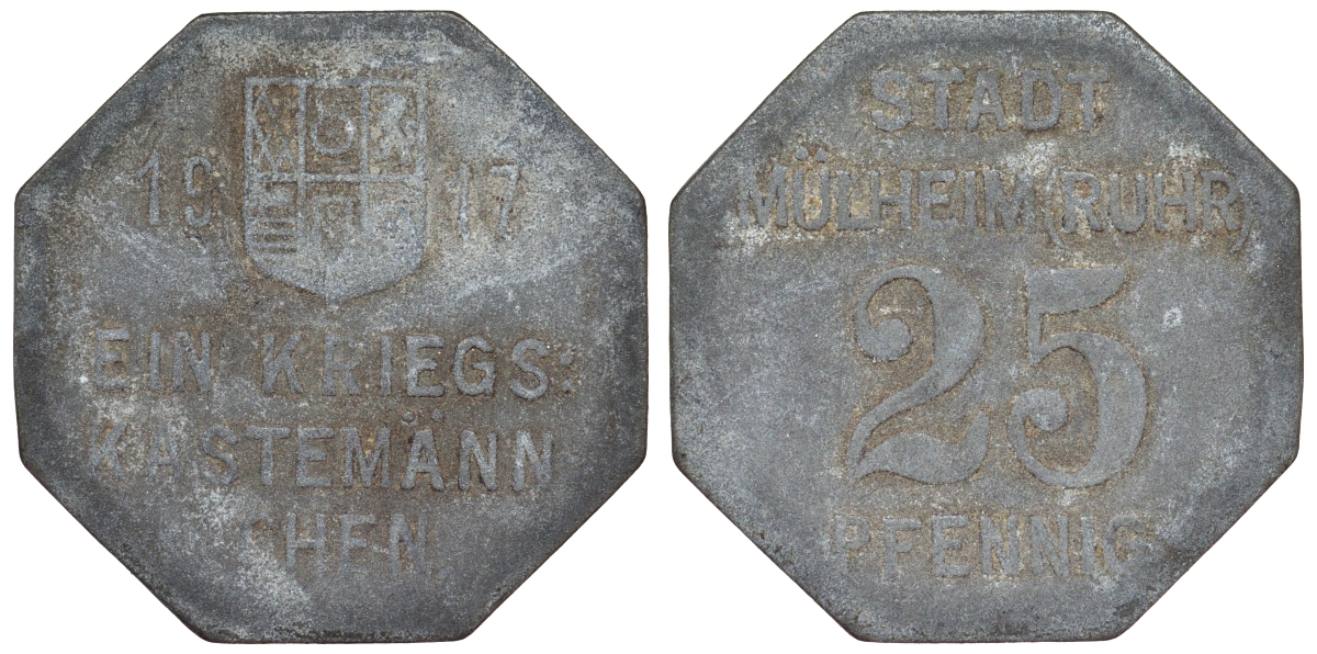 Германия, Мюльхайм-ан-дер-Рур 25 пфеннигов 1917 Северный Рейн-Вестфалия, нотгельд Funck 344.1 цинк 4119-1226