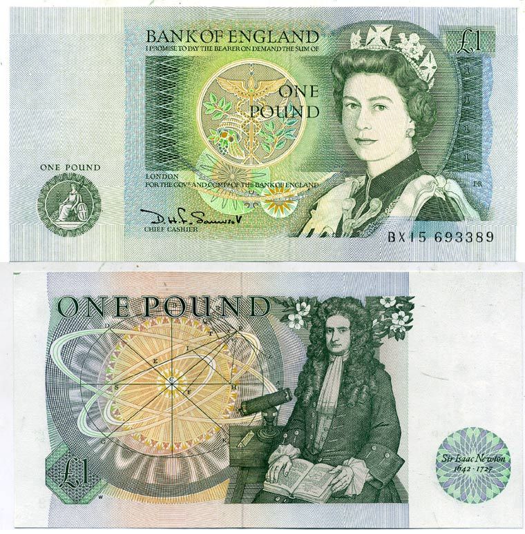 Англия 1 фунт ND (1978-1984) сэр Исаак Ньютон, черная подпись D.H.F. Somerset Pick 377 b бумага UNC (пресс) 7552-55-3