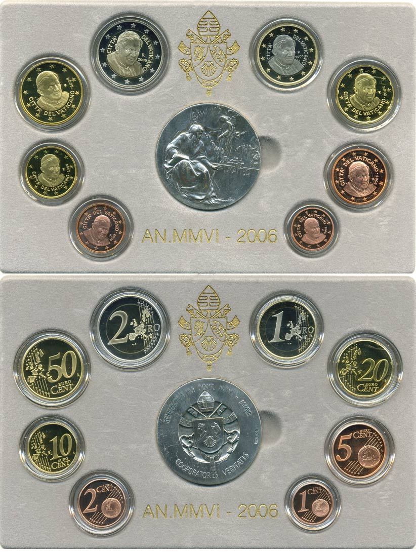 Ватикан евронабор из 8 монет + серебряная медаль 2006 Бенедикт XVI, в оригинальной коробке, с сертификатом KM PS 19 биметалл PROOF 5-4-6-06