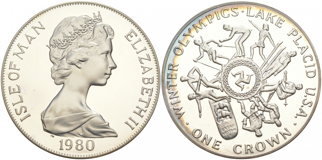 Остров Мэн 1 крона 1980 Зимние Олимпийские игры 1980 года в Лейк-Плэсиде, виды спорта KM 64a серебро PROOF 11-036-42