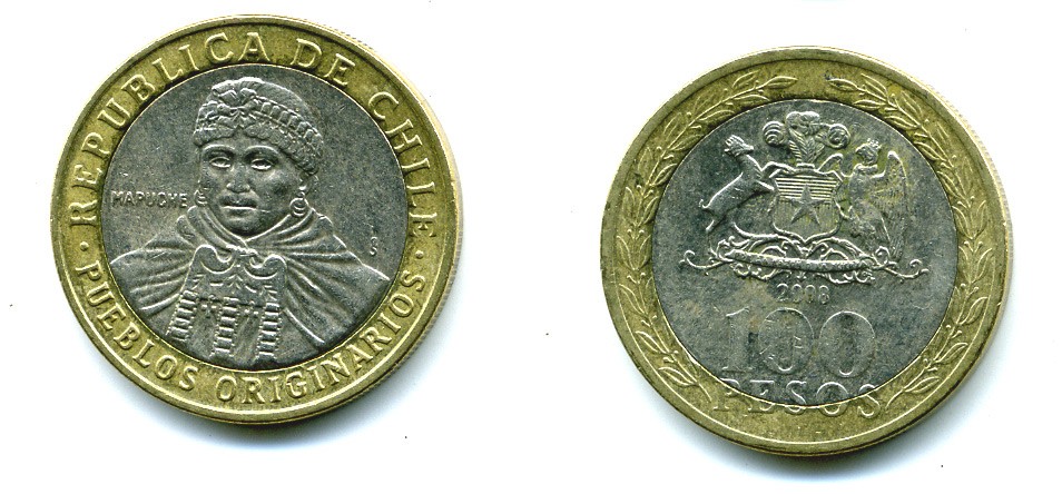 Чили 100 песо 2008 индейцы Мапуче KM 236 биметалл 29-457