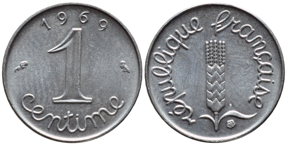 ФРАНЦИЯ 1 САНТИМ 1969 KM 928 хромированная сталь 4396-426
