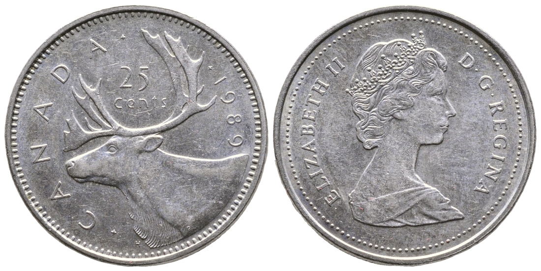 КАНАДА 25 ЦЕНТОВ 1989 ОЛЕНЬ, ЕЛИЗАВЕТА II KM 74 никель 4364-2154