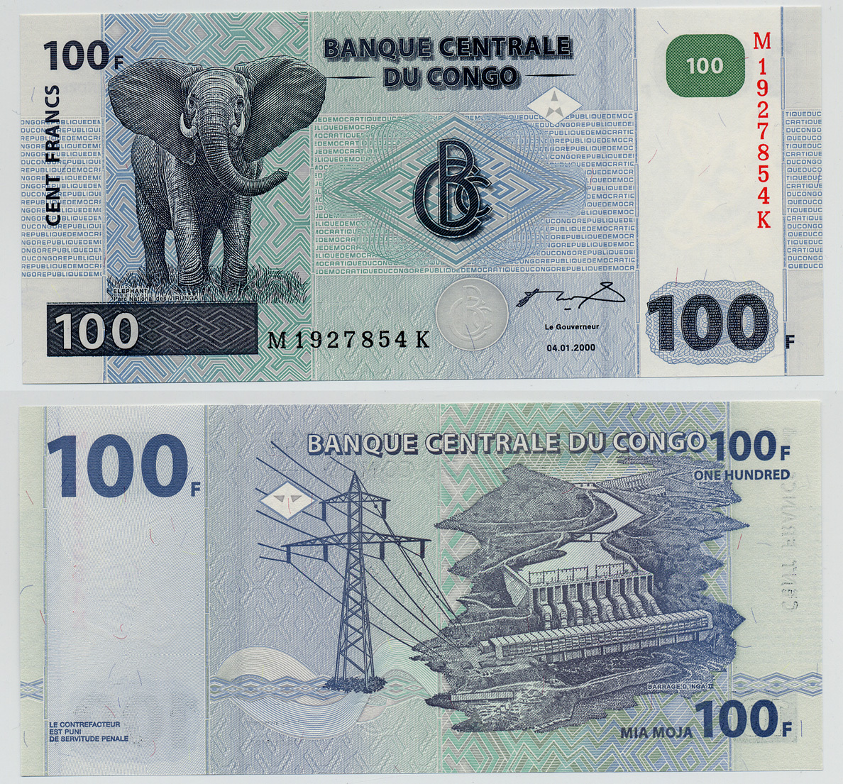 Конго 100 франков 2000 ГЭС, слон Pick 92 бумага UNC (пресс) 6279-9-1-1