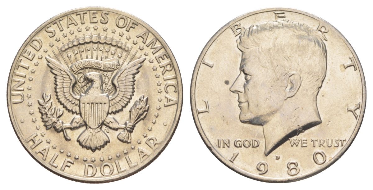 США 1/2 доллара (50 центов) 1980 D, Джон Кеннеди KM A202b медь плакированная медно-никелем aUNC 4183-941