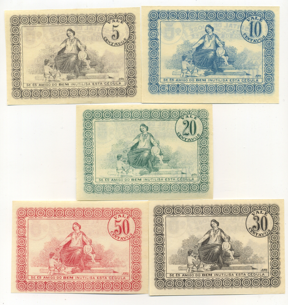 Португалия набор из 5 банкнот, 5, 10, 20, 30, 50 сентаво 1920 госпиталь Сан-Хосе, частный выпуск   бумага  UNC (пресс) 7555-10-1-2