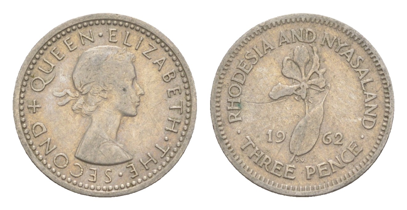 Родезия и Ньясаленд 3 пенса 1964 Елизавета II (1952-2022), цветок глориоза KM  3 медно-никель  4640-932