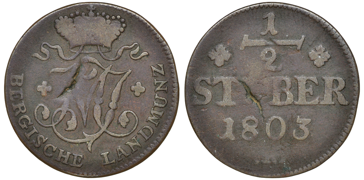 Берг 1/2 штюбера 1803 Максимилиан I (1799-1825) KM 2, AKS 7 медь 4606-153