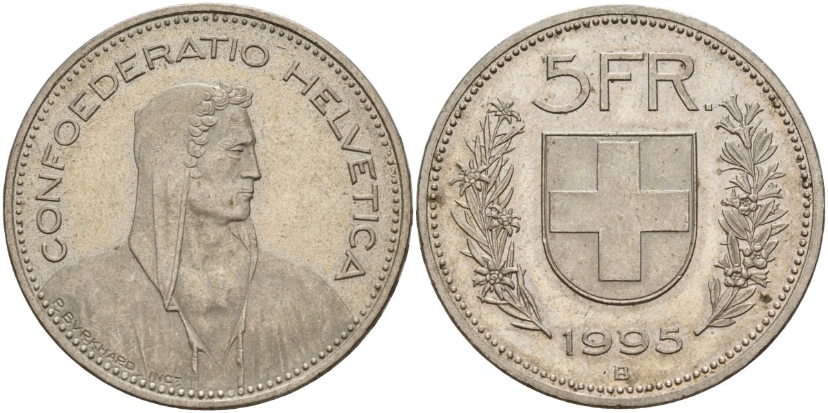 Швейцария 5 франков 1995 B, Вильгельм Телль KM 40a медно-никель 4157-346