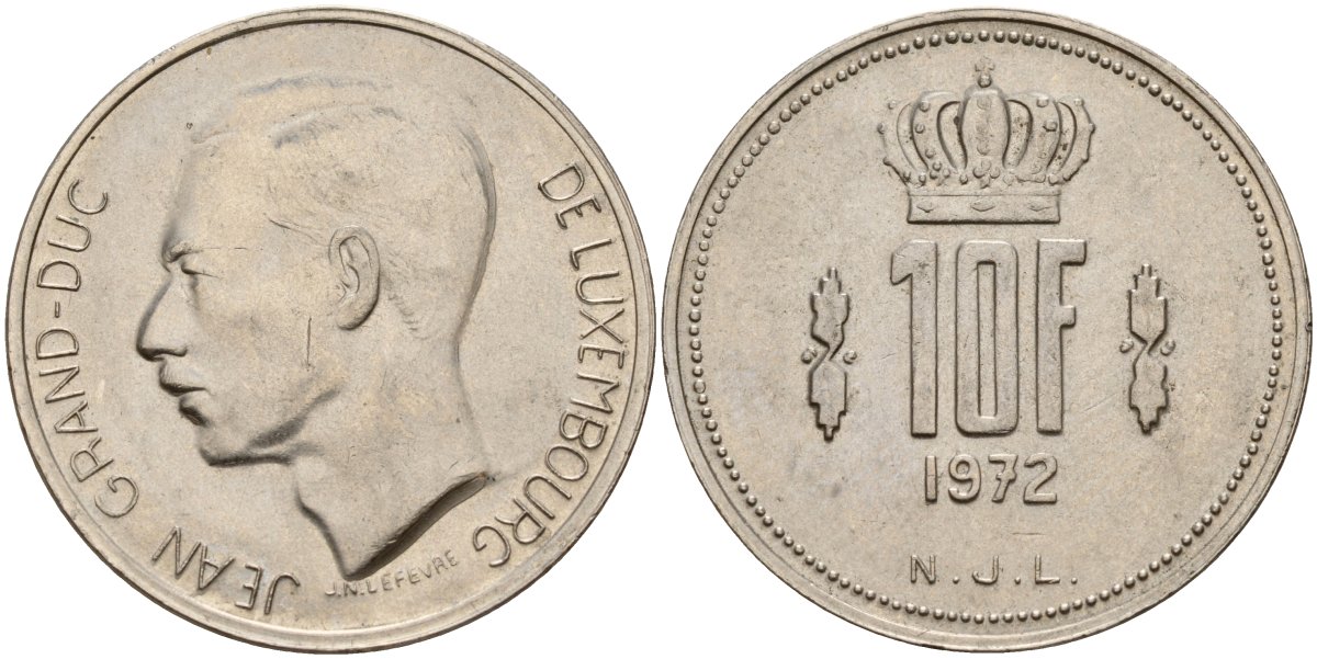Люксембург 10 франков 1972 Великий герцог Жан (1964-2000) KM 57 никель 4157-421