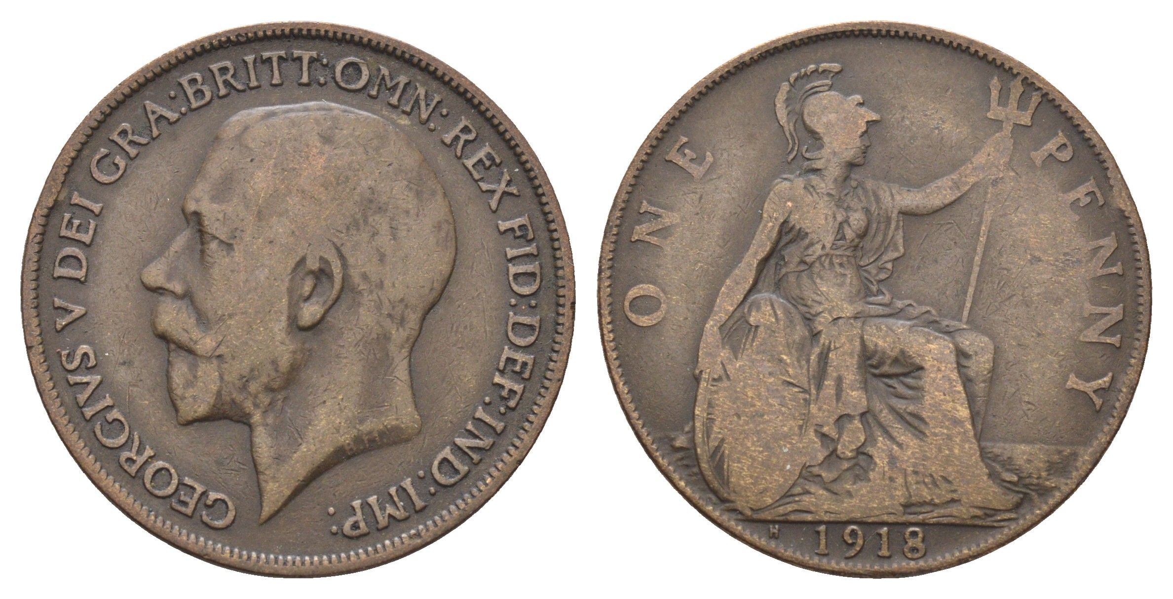 Великобритания 1 пенни 1918 H, Георг V (1910-1936) KM 810, Spink 4052 бронза 4661-611